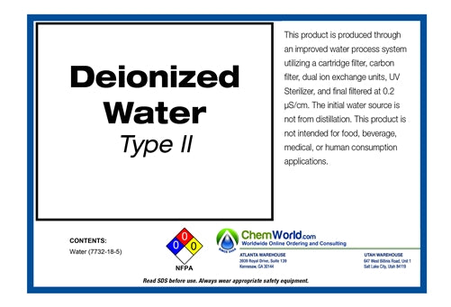 DeIonized Water (Type II) - 55 Gallons