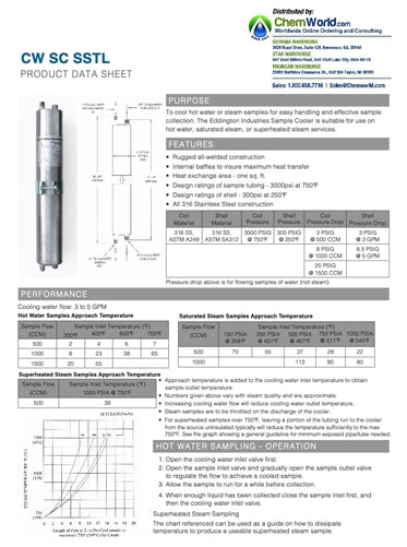SSTL Boiler Water Sample Cooler Product Data Sheet