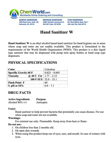 Hand Sanitizer Spec Sheet