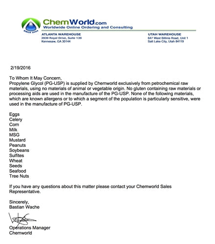 Chemworld PG USP Allergen Statement