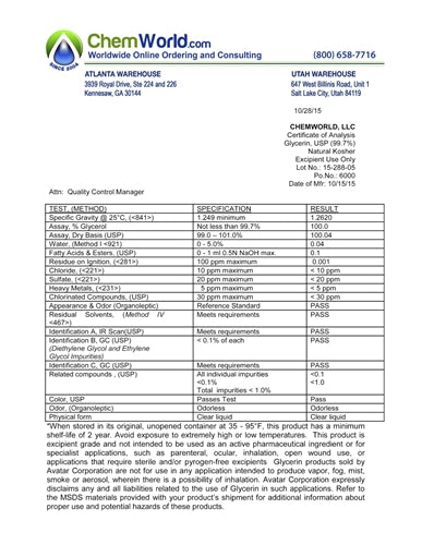 Glycerin USP K 15-288-05 COA